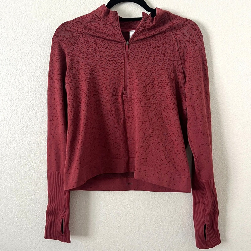 Lululemon Sz 12 Rest Less Crop 1/2 Zip Womens Herringbone‎ Red Shirt Athleisure